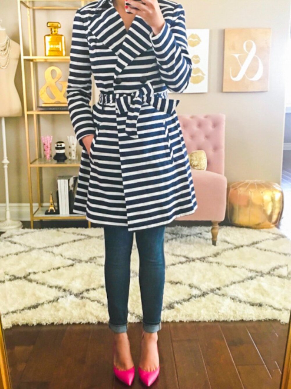 Express Striped Fit and Flare Trench Coat